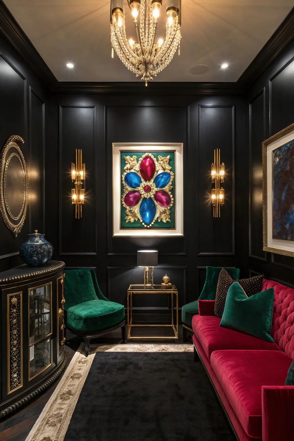 Vibrant artwork stands out beautifully against the black walls, adding personality and flair.