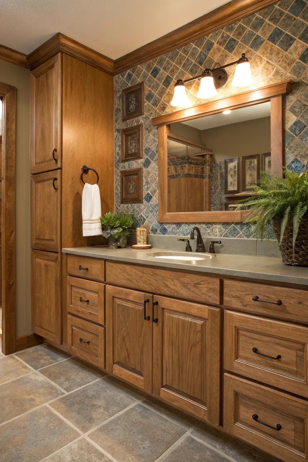 A ceramic tile backsplash complements oak cabinets, adding texture and visual interest.