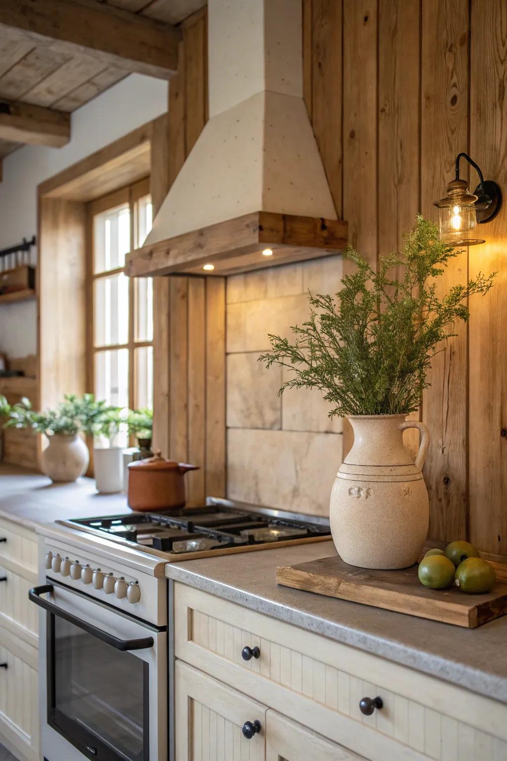 Bring warmth and comfort to your kitchen with rustic wood paneling that exudes charm.