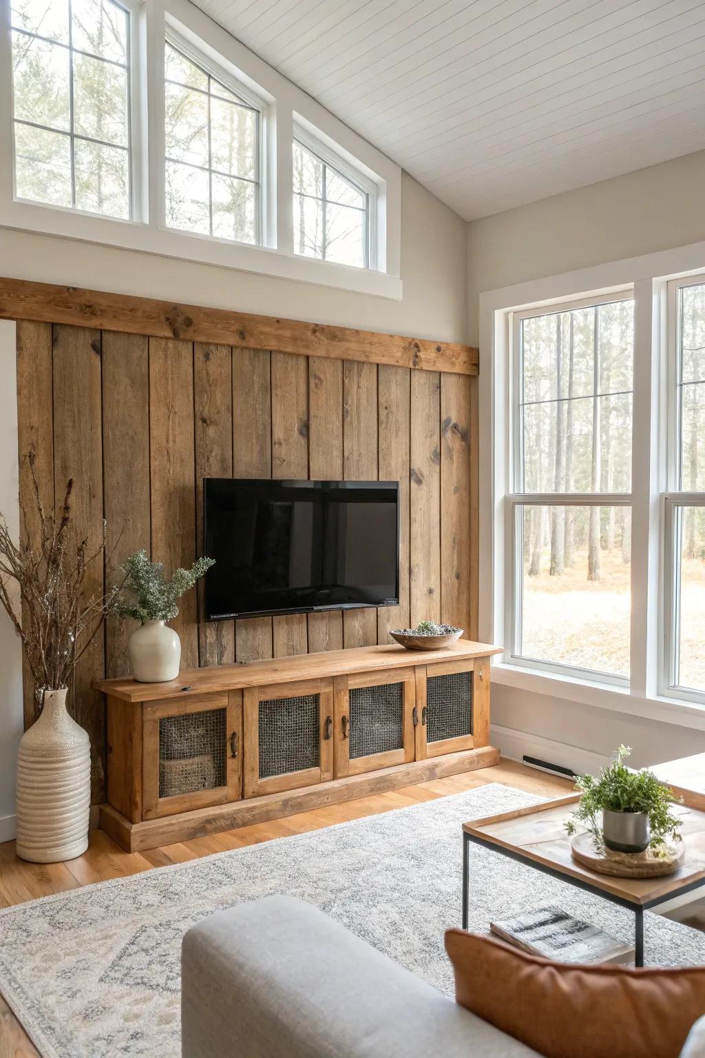 Infuse warmth and character with a rustic wood board and batten wall, perfect for cozy atmospheres.