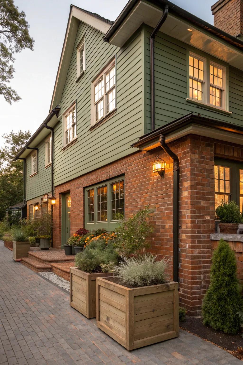 Nature's harmony with sage green siding and deep brick.