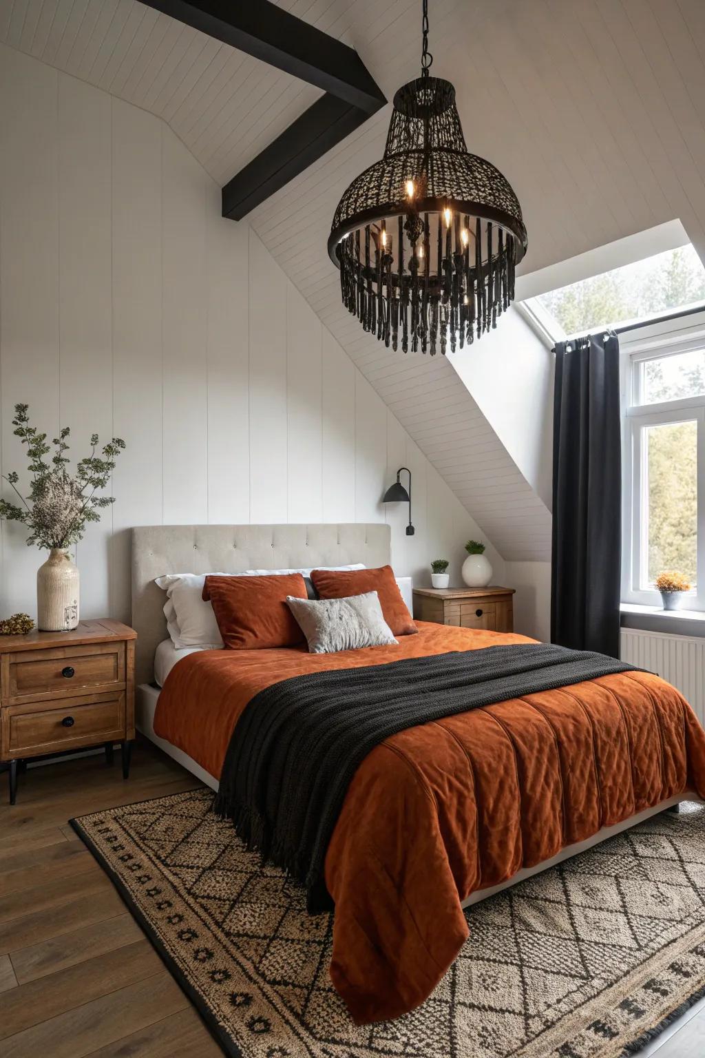 Dramatic lighting brings out the best in a burnt orange and black bedroom.