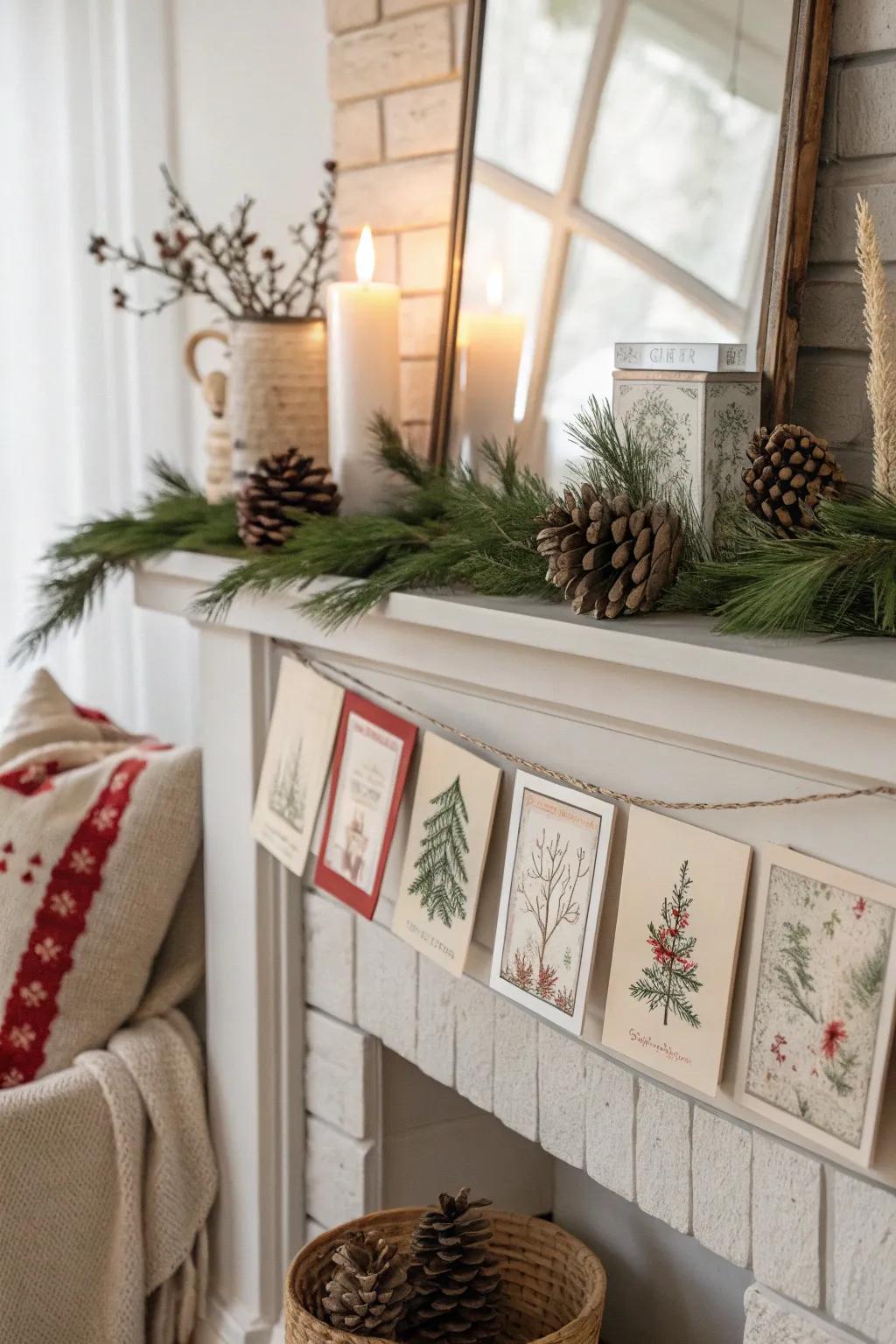 Bring nostalgia to your mantel with a charming display of vintage Christmas cards.