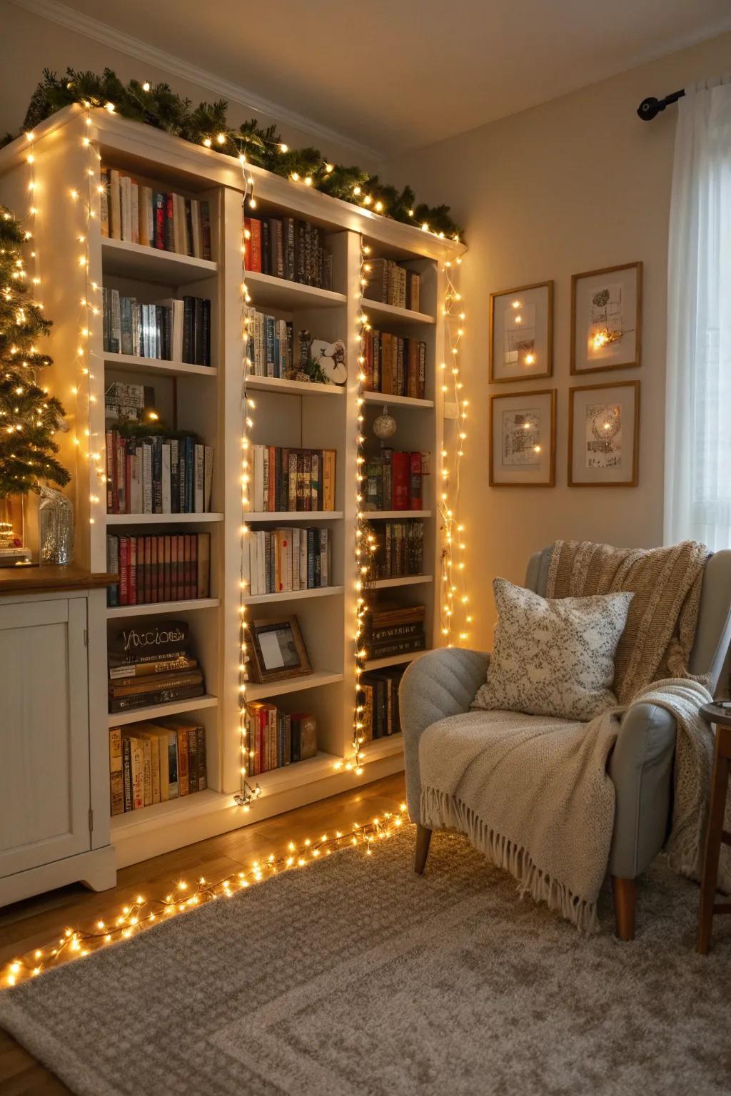 Highlight your literary treasures with fairy lights that add charm and glow.