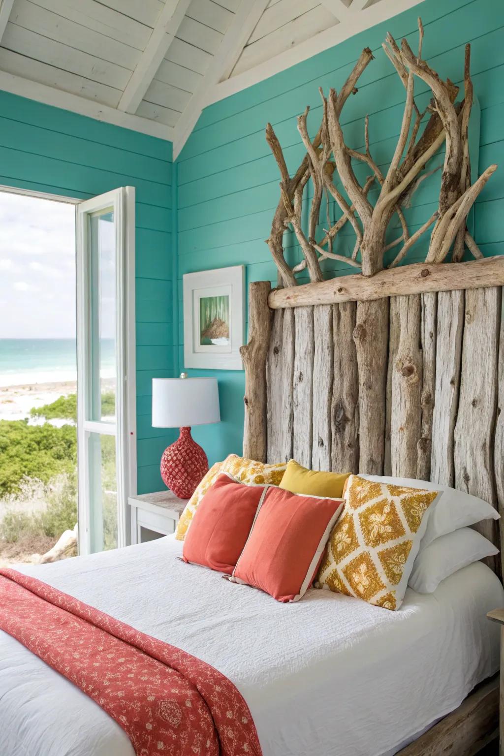 Driftwood accents bring a touch of rustic beach charm to your bedroom.