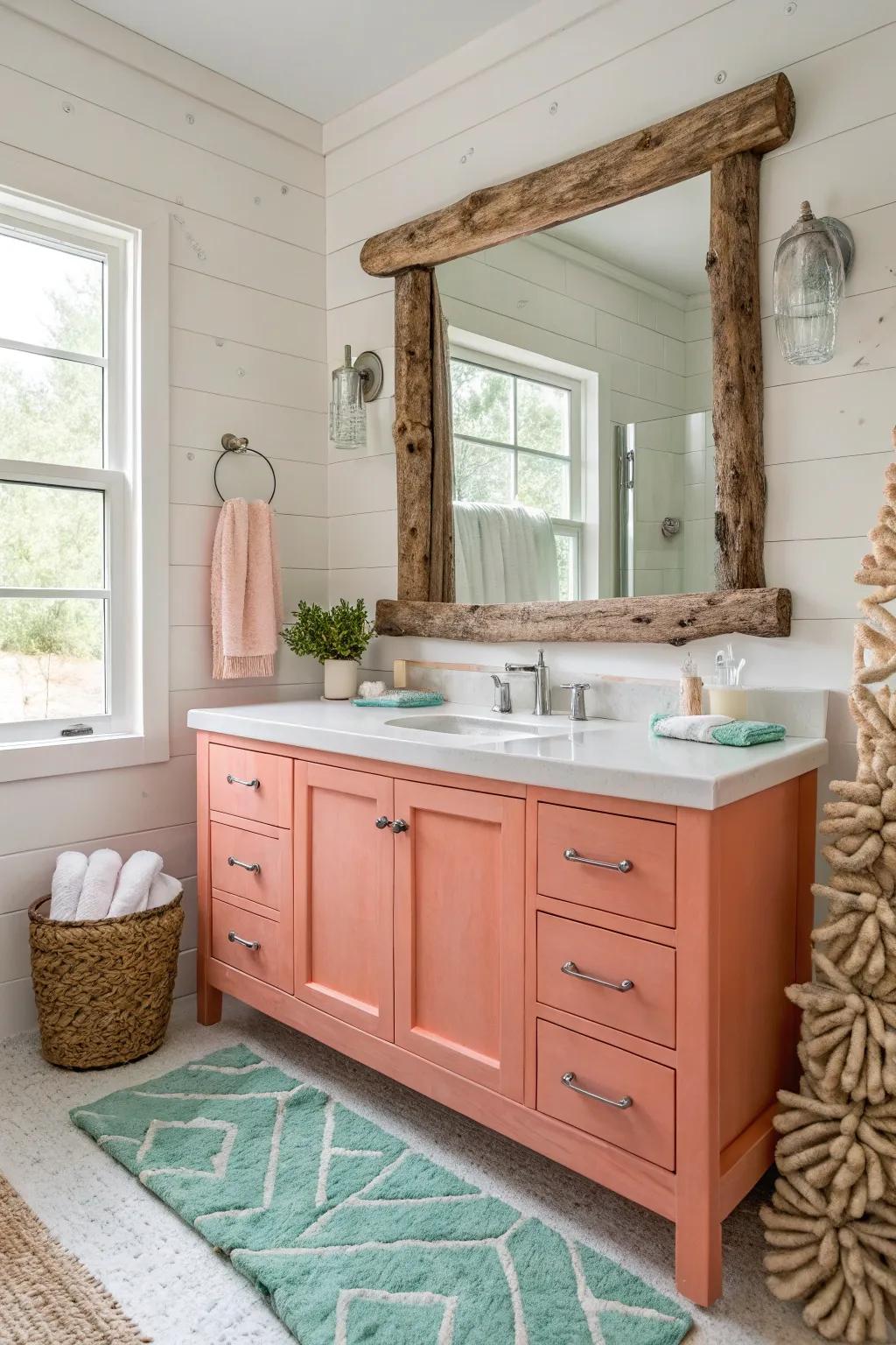 Coral and coastal elements deliver a relaxing, beachy vibe to your bathroom.