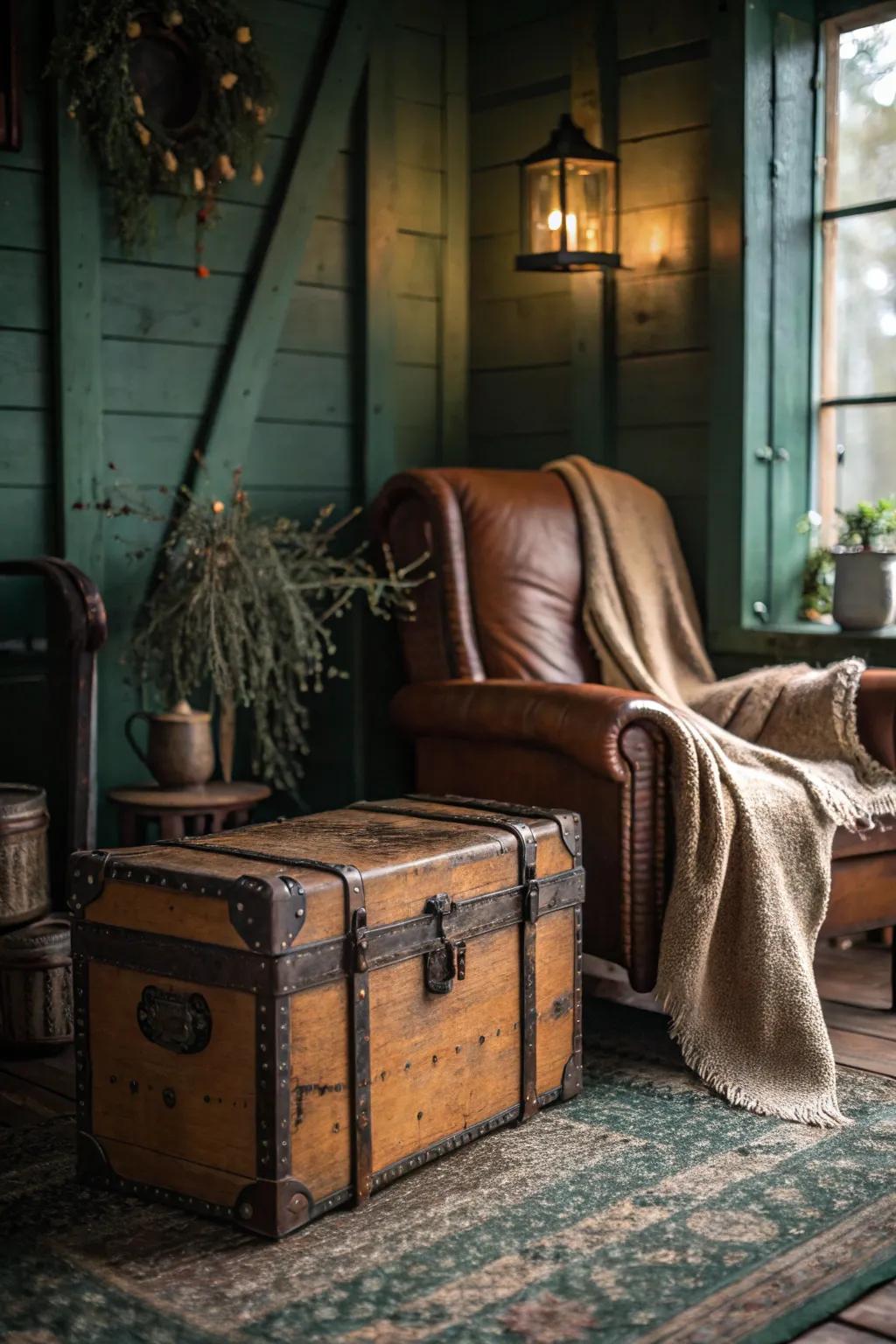 Antique trunks serve as stylish storage solutions, adding character to any cottage space.