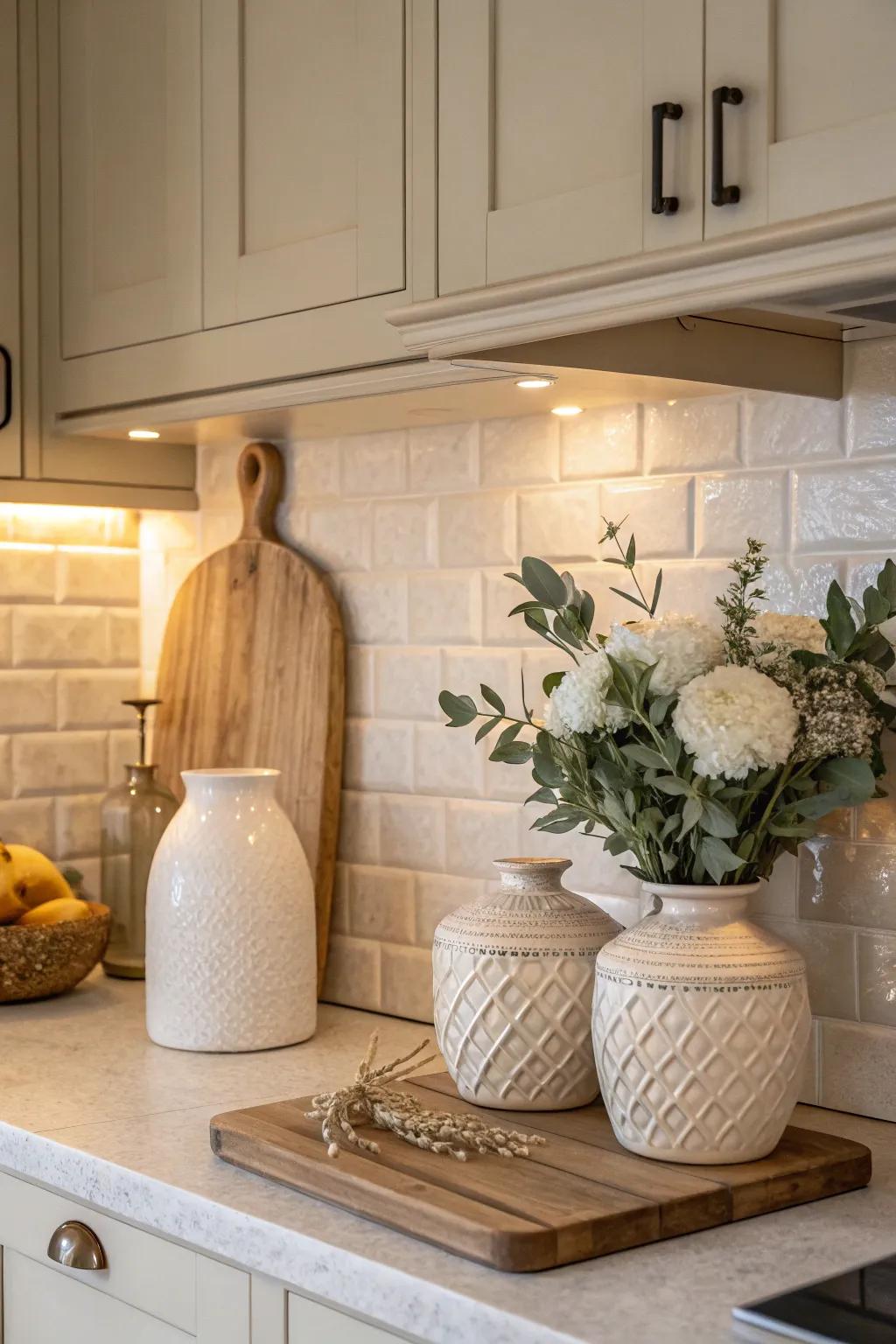 Achieve a serene harmony with a neutral-toned kitchen and cream backsplash.