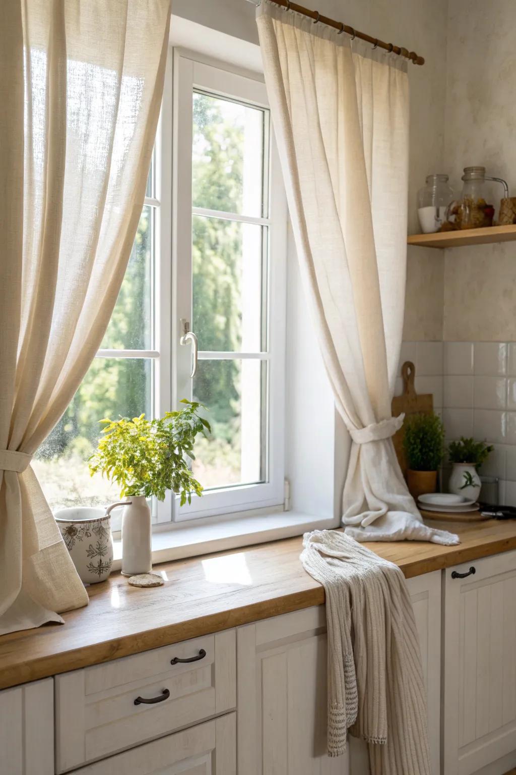 Enjoy privacy and light with halfway drapes that are perfect for kitchen and bathroom windows.
