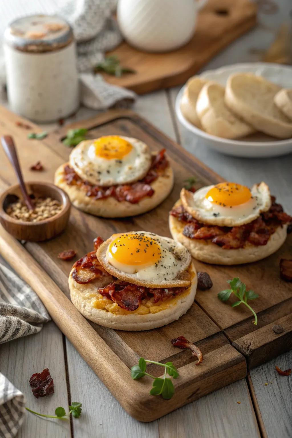 Bring a playful twist to your morning with English muffin breakfast pizzas, a delightful start to any day.