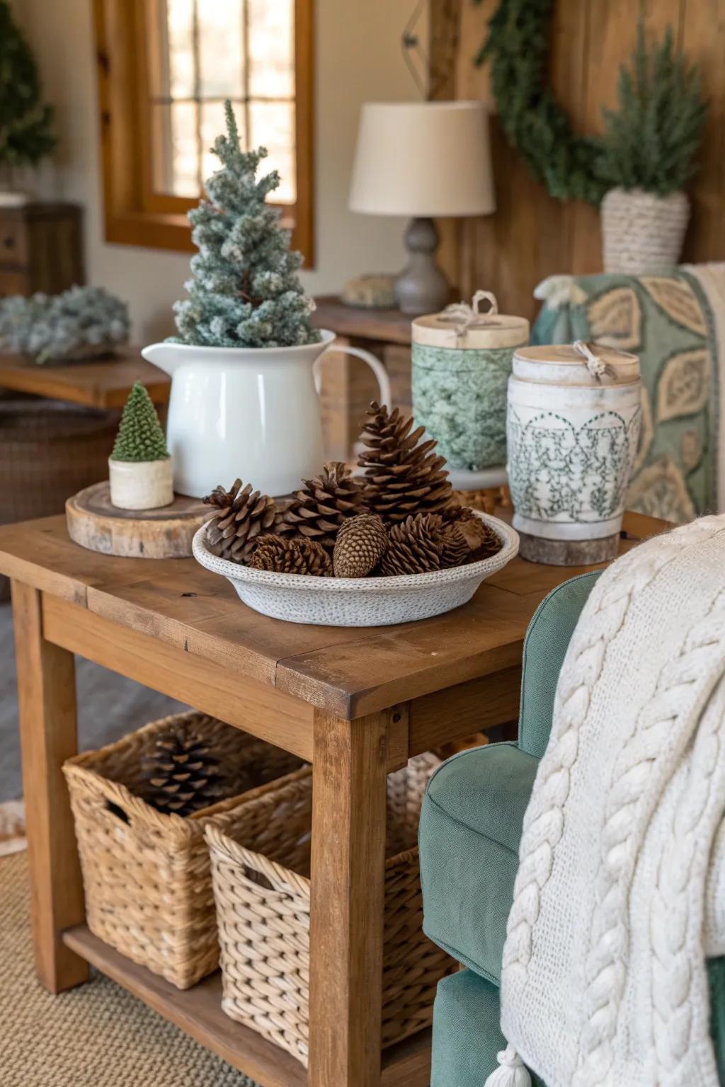 Keep your decor dynamic by rotating in seasonal elements like pinecones or seashells.