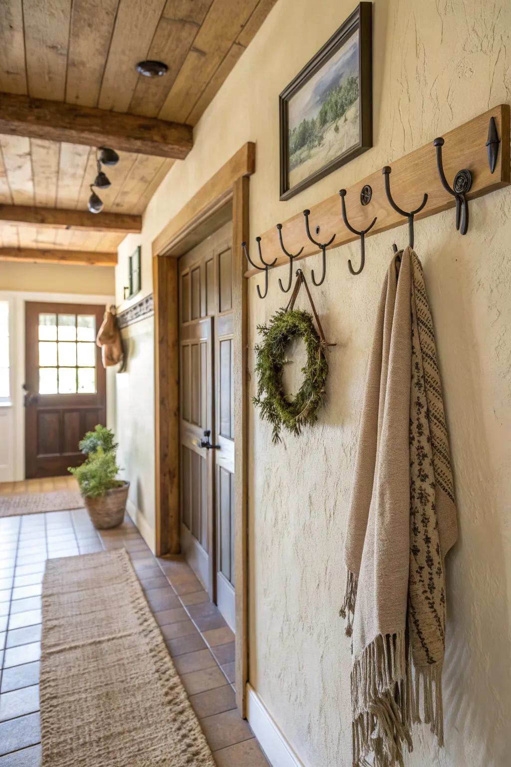 Rustic hooks provide both functionality and charm in your hallway.
