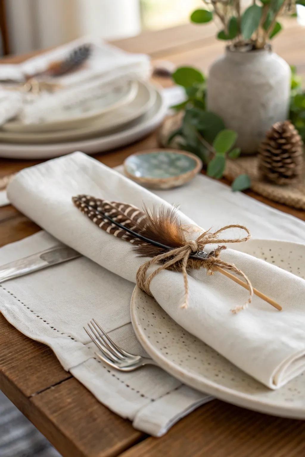 Add a personal touch to your dining experience with charming feather napkin rings.