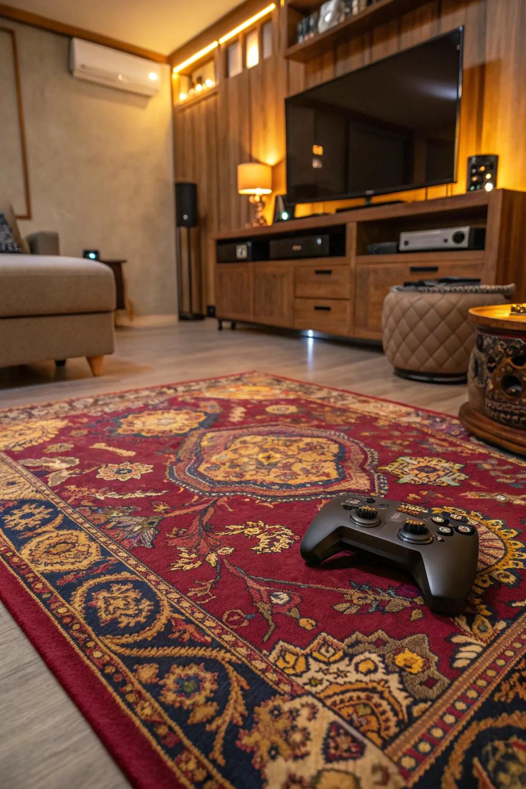 Ground your room with a rug that offers both comfort and character.