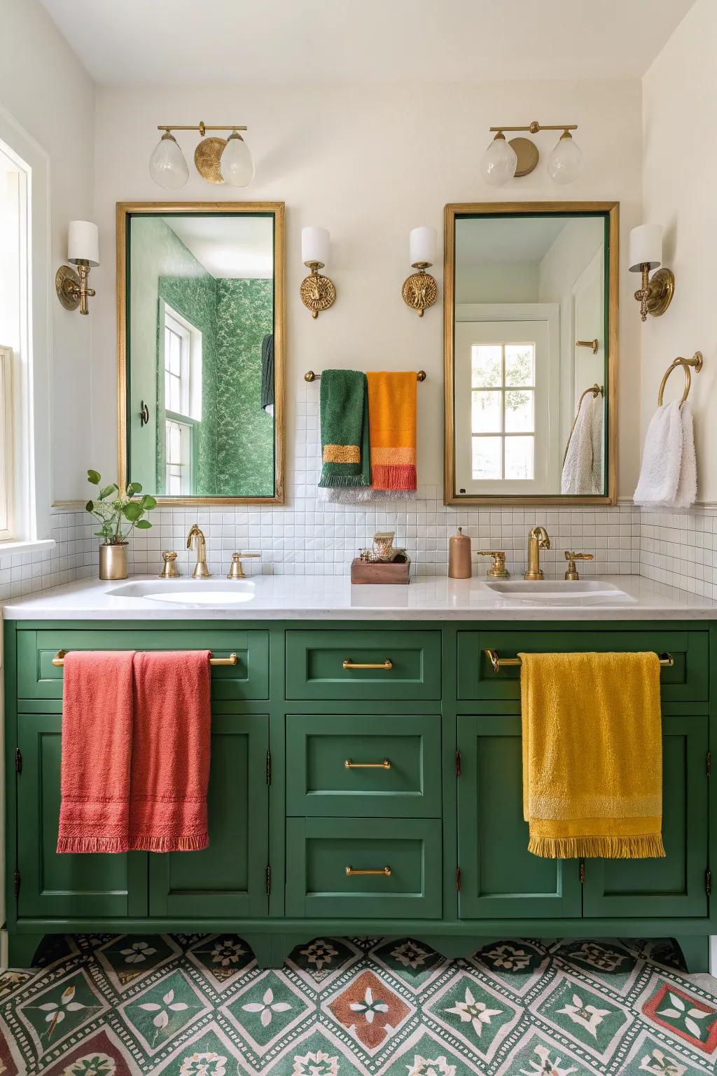 Achieve perfect harmony with a symmetrical green vanity design that pleases the eye.