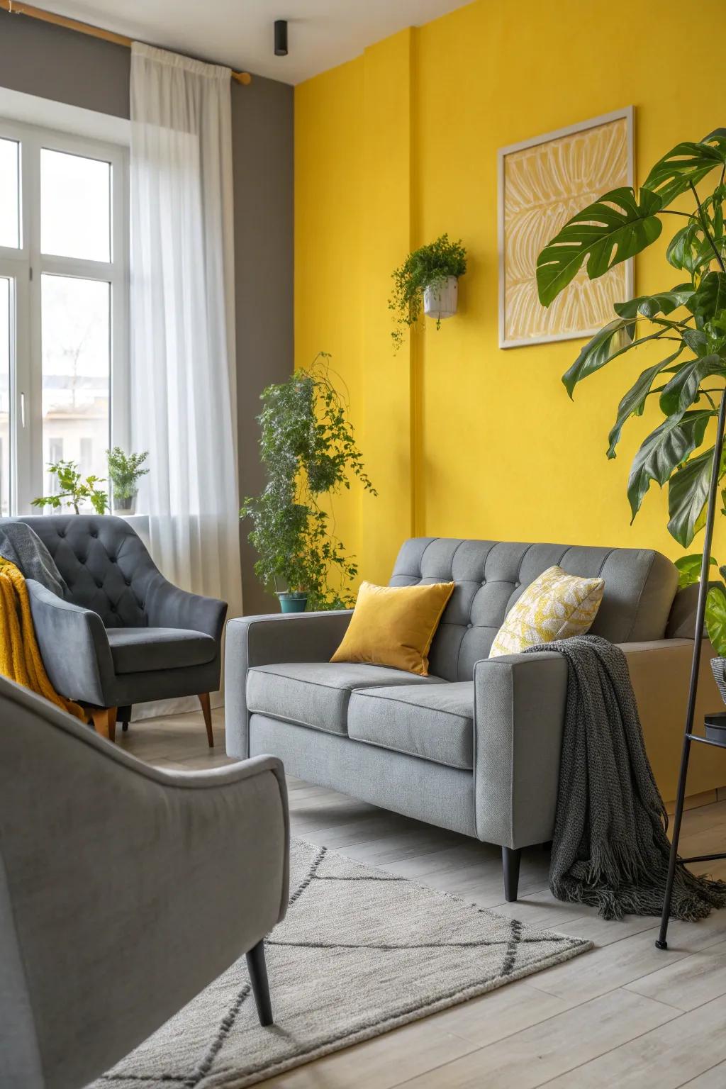 Brighten up your living space with a stunning yellow accent wall and sleek grey furniture. #AccentWall #InteriorDesign
