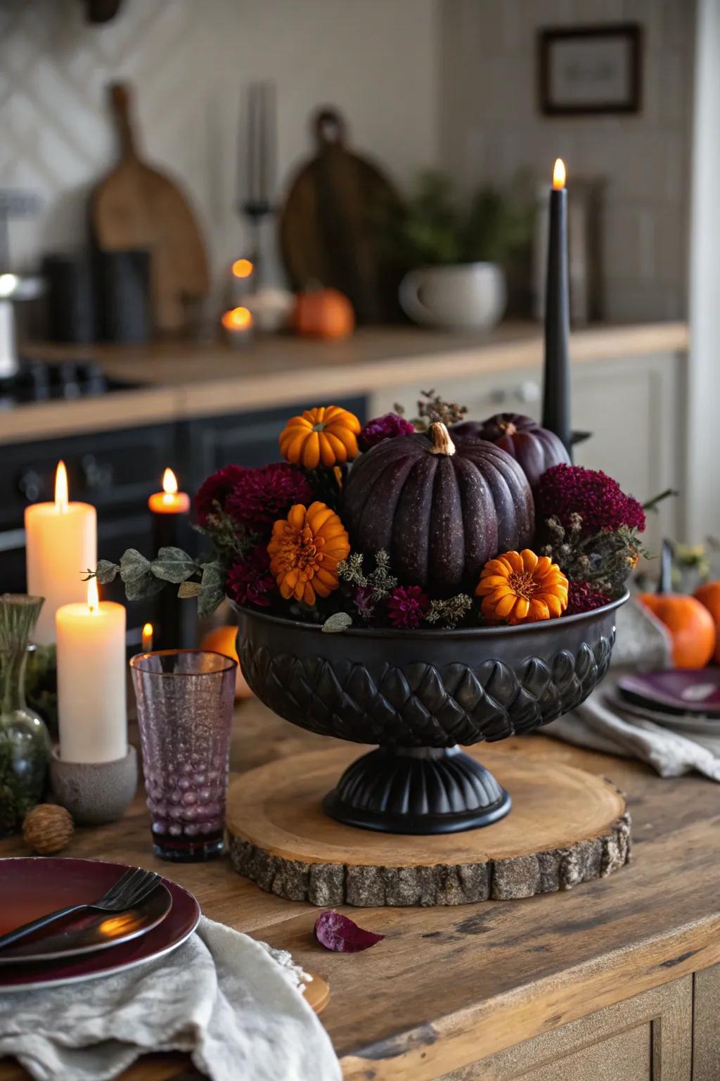 Enchant your guests with a Halloween centerpiece that combines the eerie and the elegant.