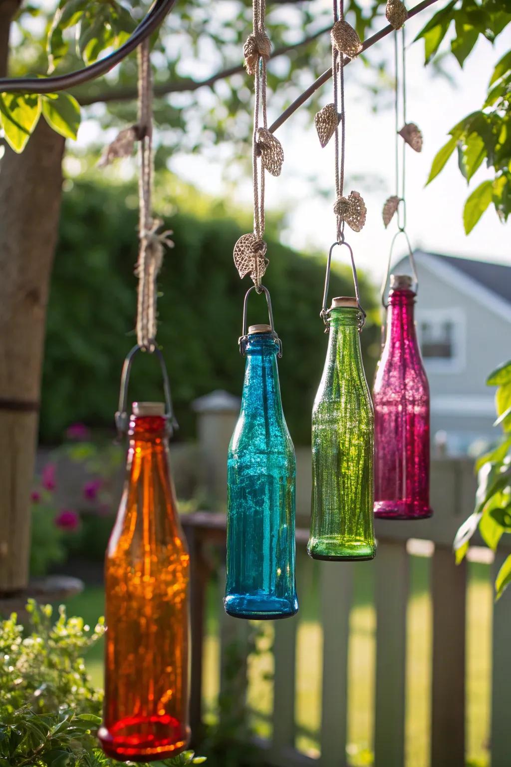 Upcycled glass bottles bring a splash of color and creativity to your outdoor space.