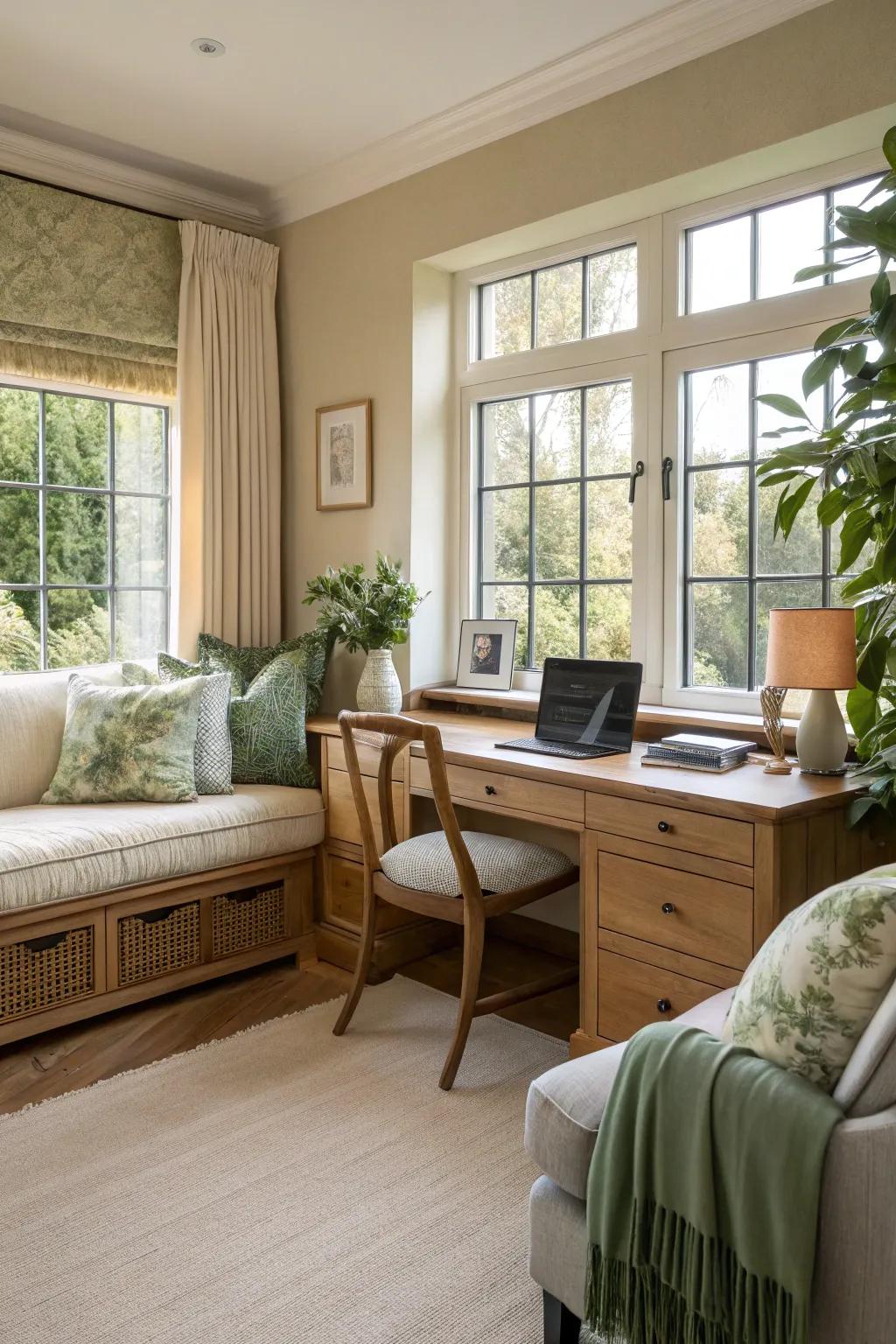 Enjoy a room with a view while you work with a window-facing desk.