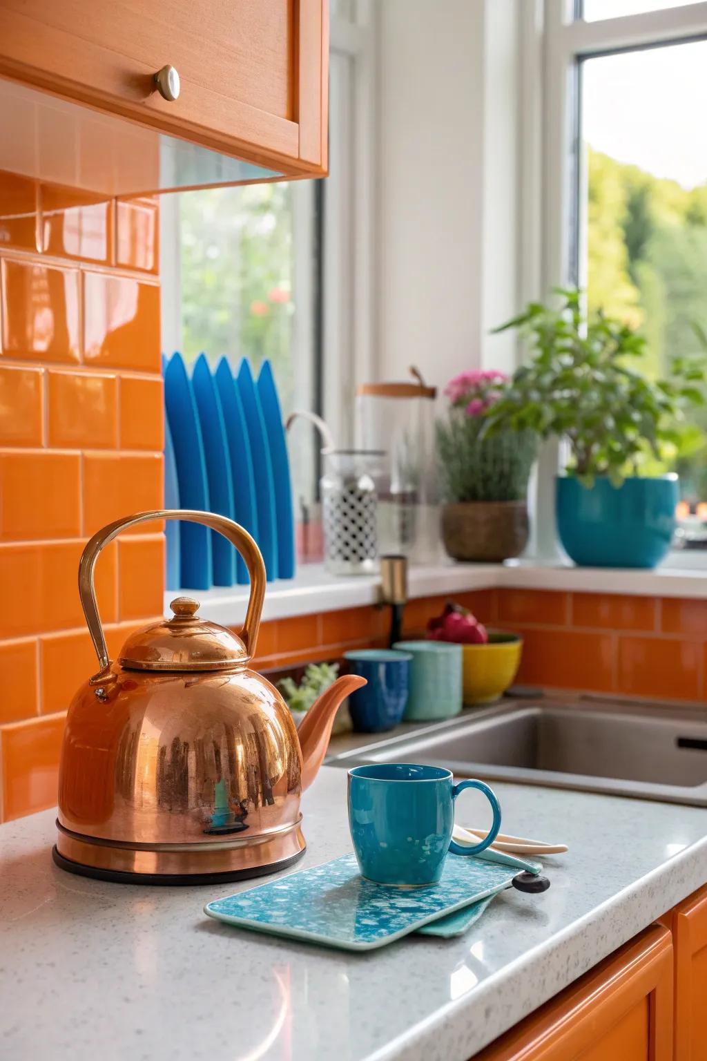 Copper accents bring elegance and warmth to your kitchen decor.