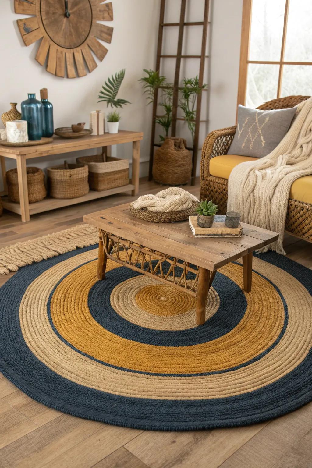 Round rugs add a playful contrast to rectangular layers, enhancing the visual appeal of your decor.
