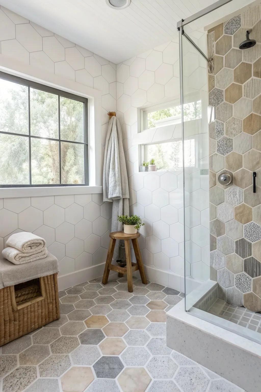 Bring a touch of modern charm to your shower with versatile hex tiles. 🛀 #HexTileLove #ModernBathroom