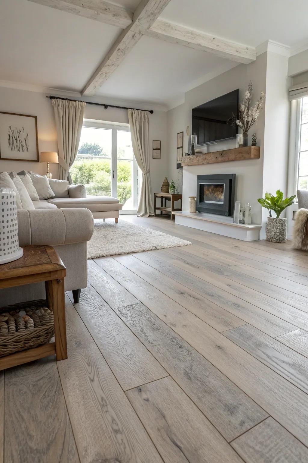 Wide planks create a spacious and cohesive feel in your living room.