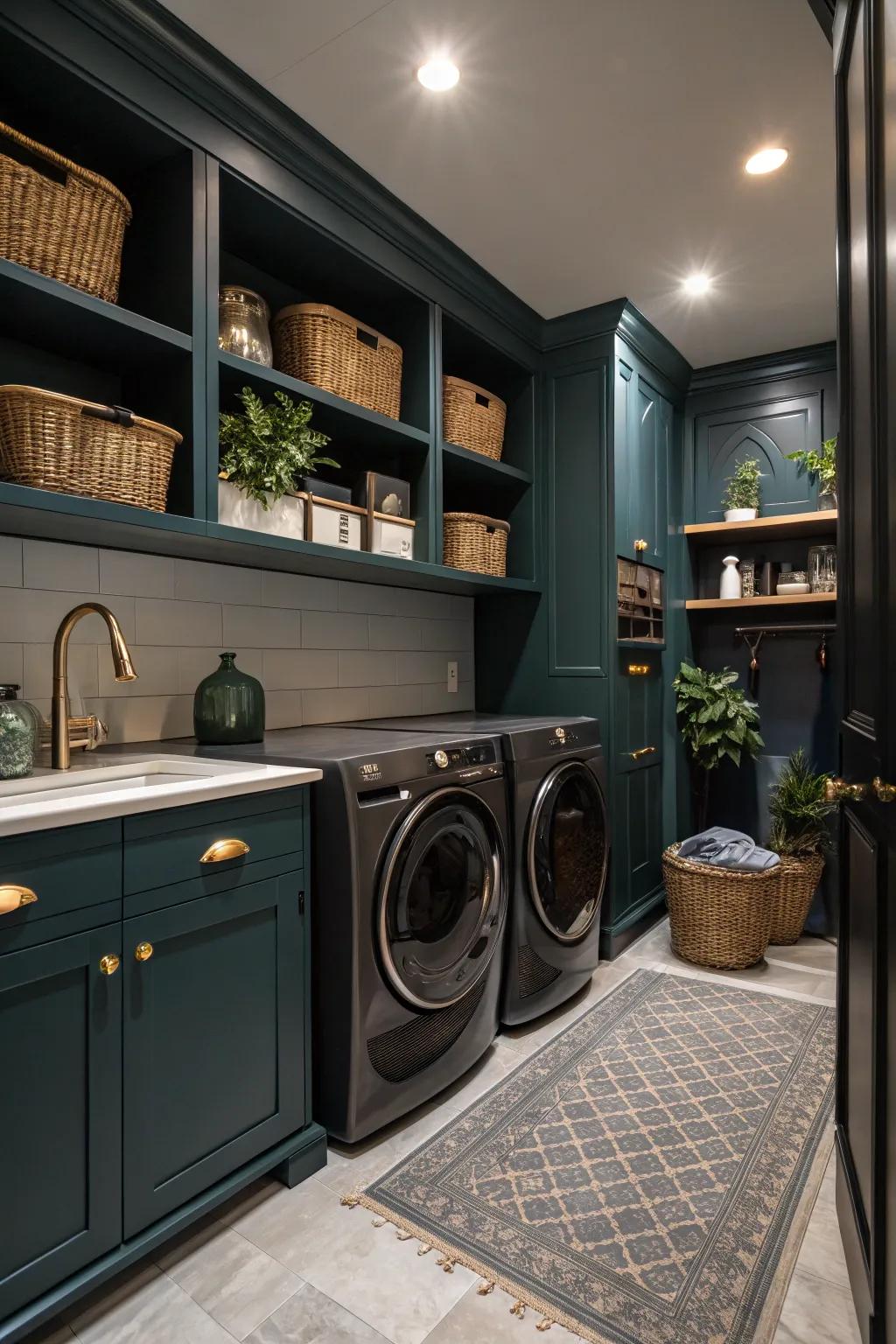 Embrace the luxury of dark hues for a dramatic and intimate laundry room.