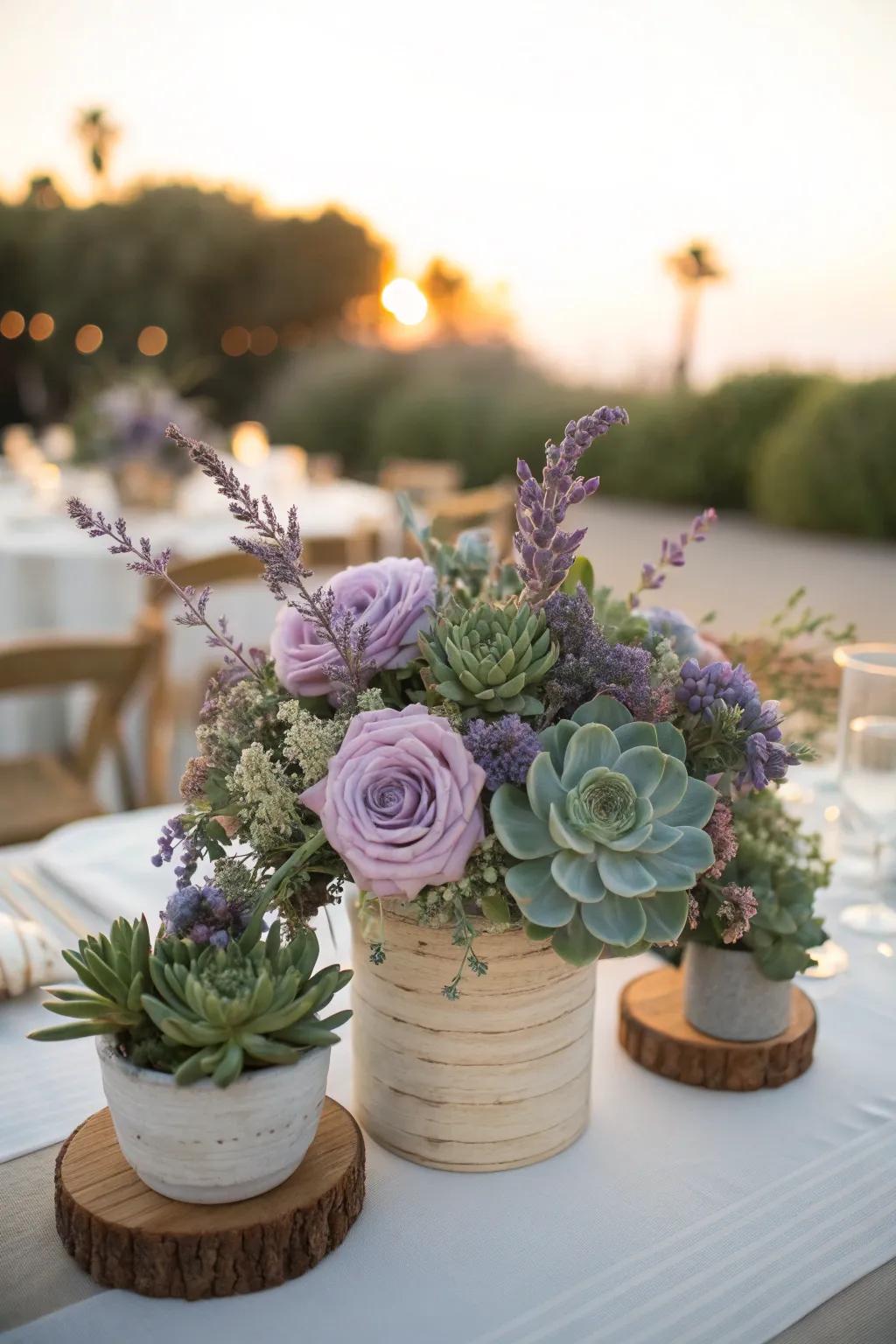Lavender and succulents offer a modern, textured twist to wedding centerpieces.