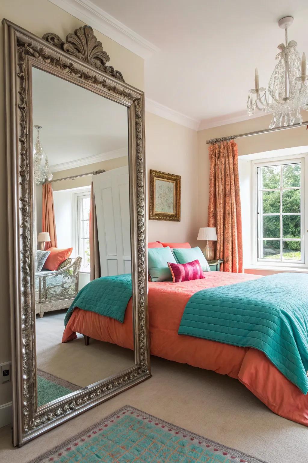 Strategic mirror placement can double the light and space in your bedroom.
