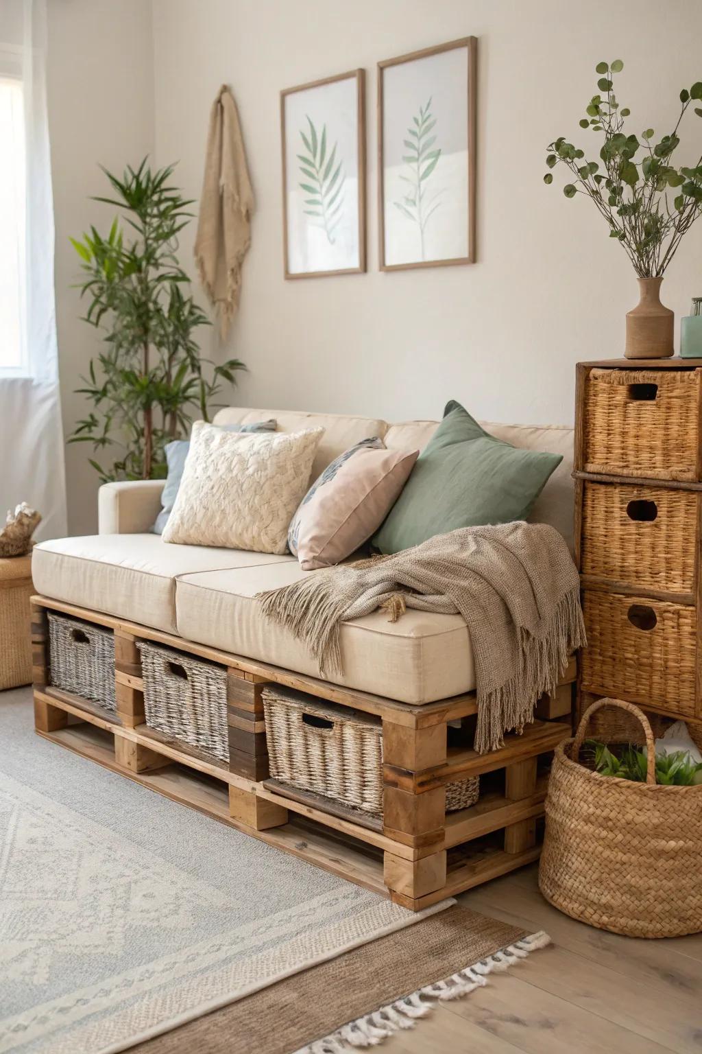 Combine style and functionality with hidden storage under your pallet sofa. 📚 #SmartStorage #OrganizedLiving