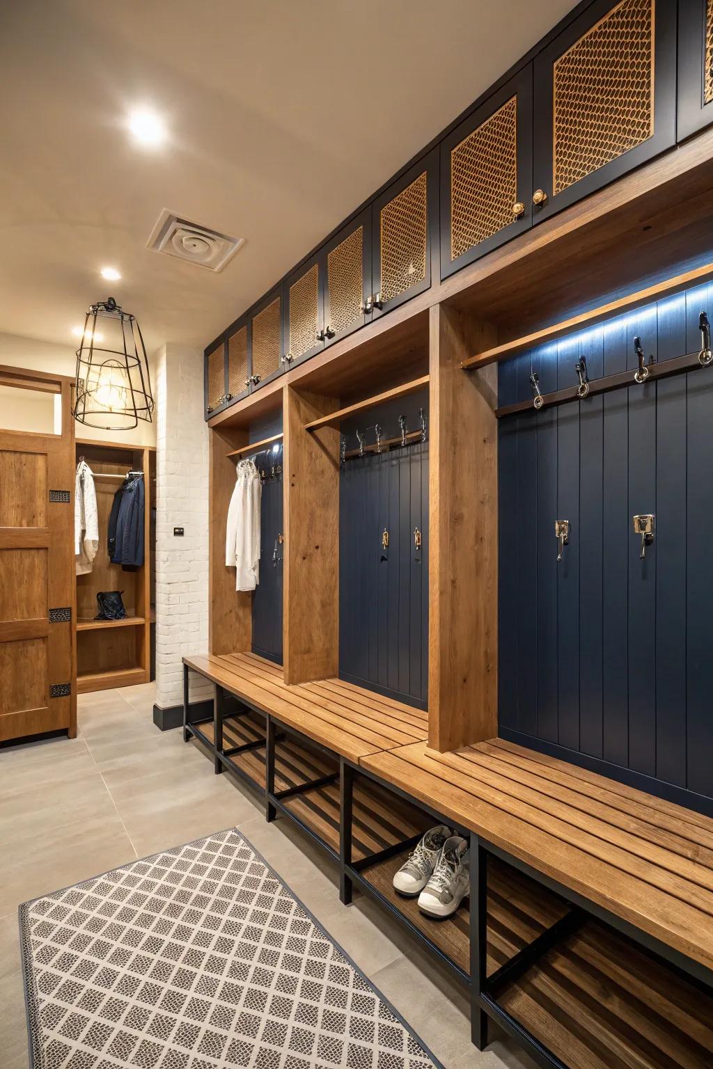 Create a sophisticated locker room with a rich blend of textures.