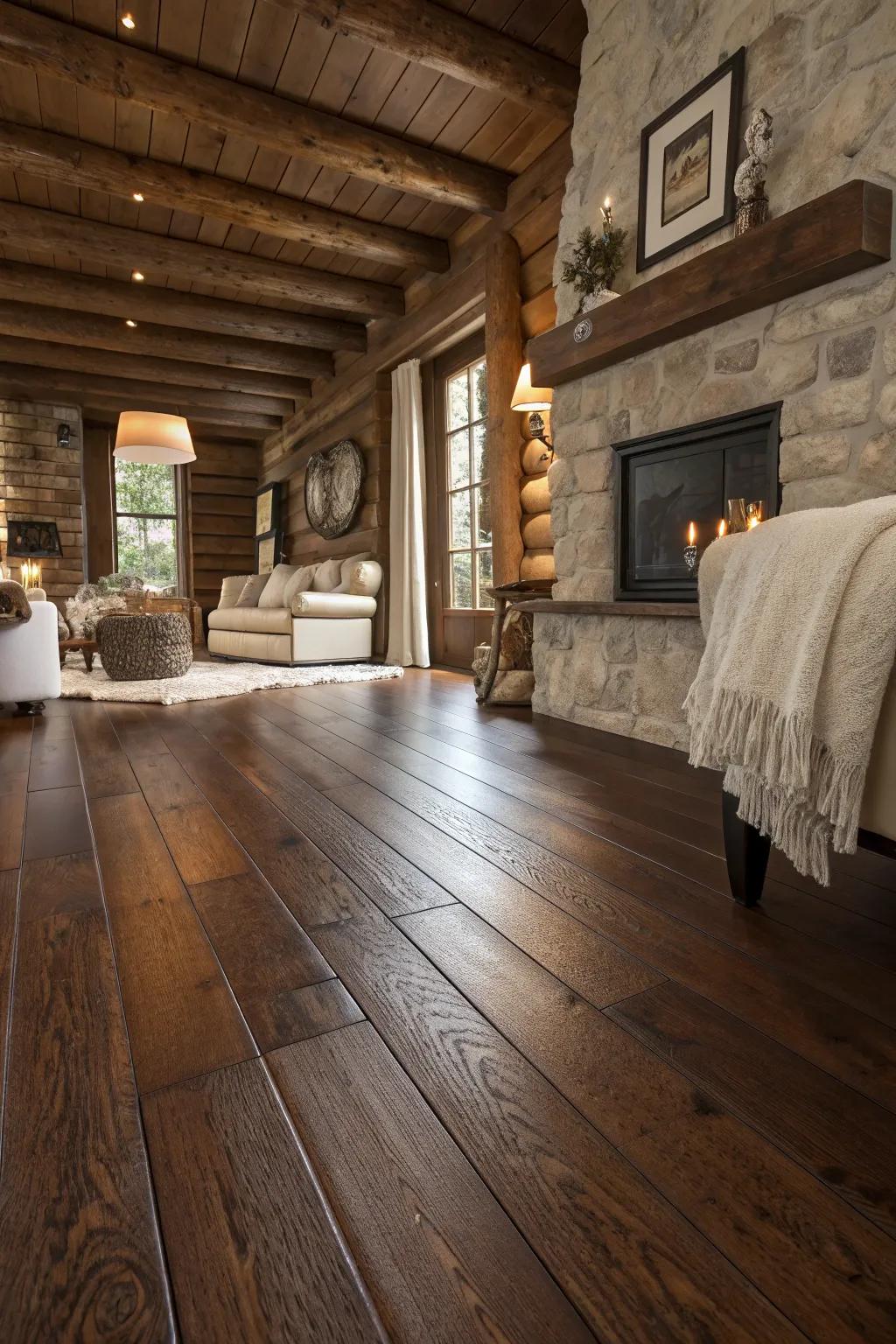 Dark wood floors add drama and coziness, perfect for a striking cabin contrast.