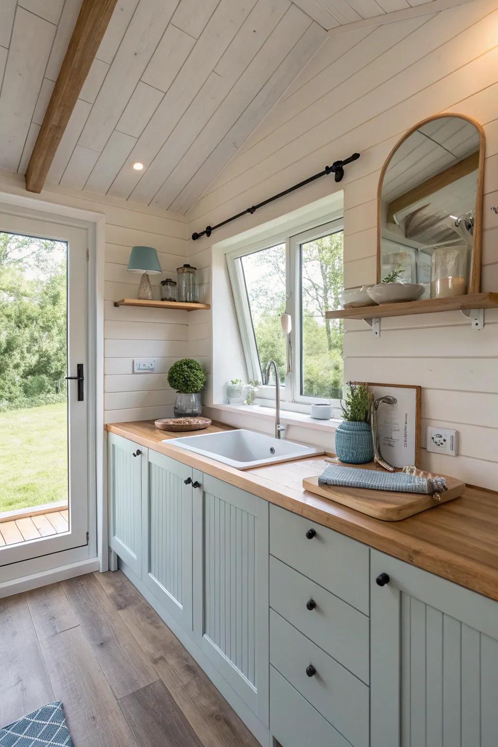 Mirrors amplify light and create the illusion of a larger, brighter kitchen.