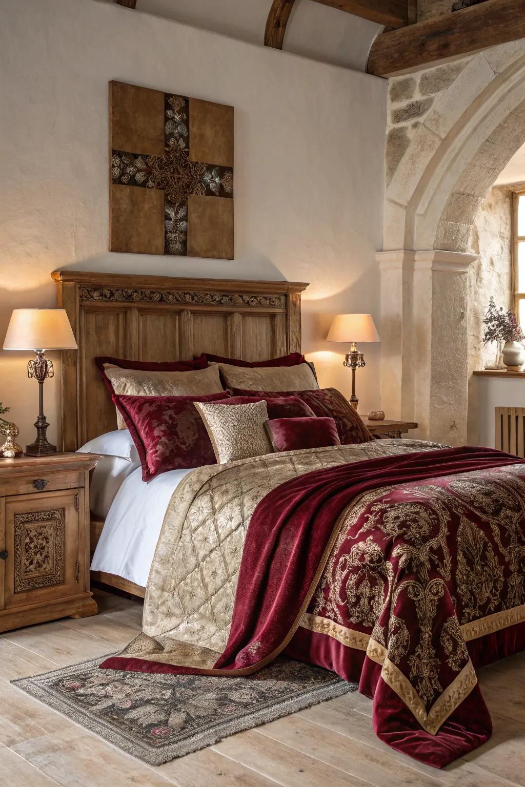 Indulge in the luxury of layered bedding that promises sweet dreams of medieval splendor. 🛏️ #BeddingGoals #Medieval