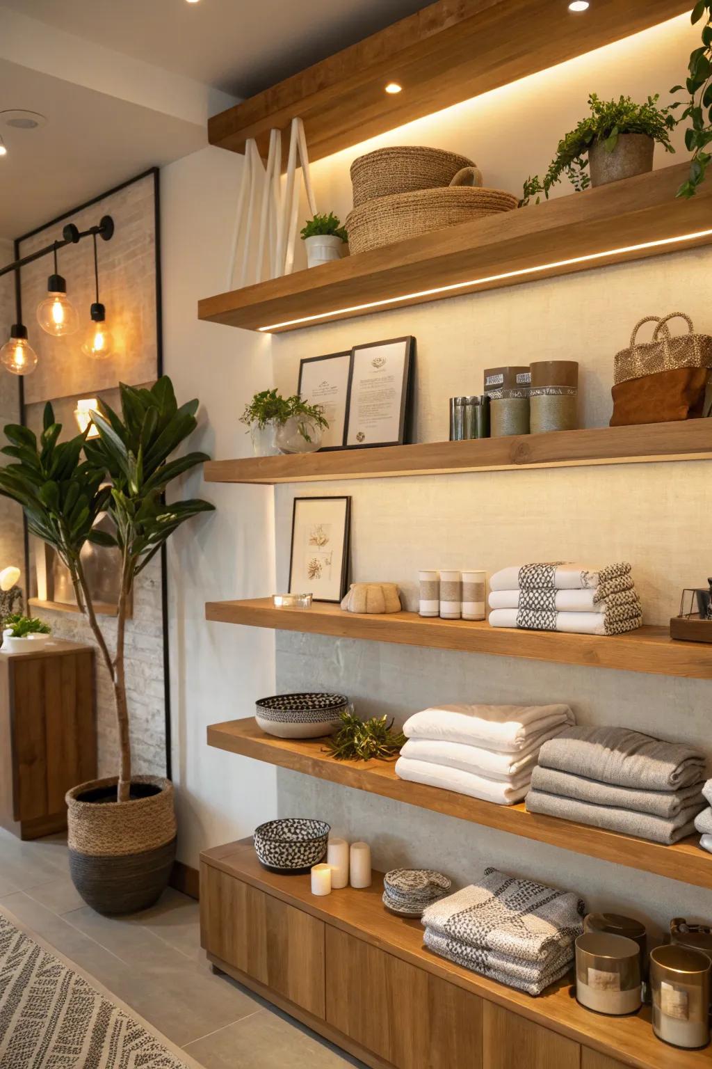 Floating shelves offer a minimalist and chic way to showcase your merch.