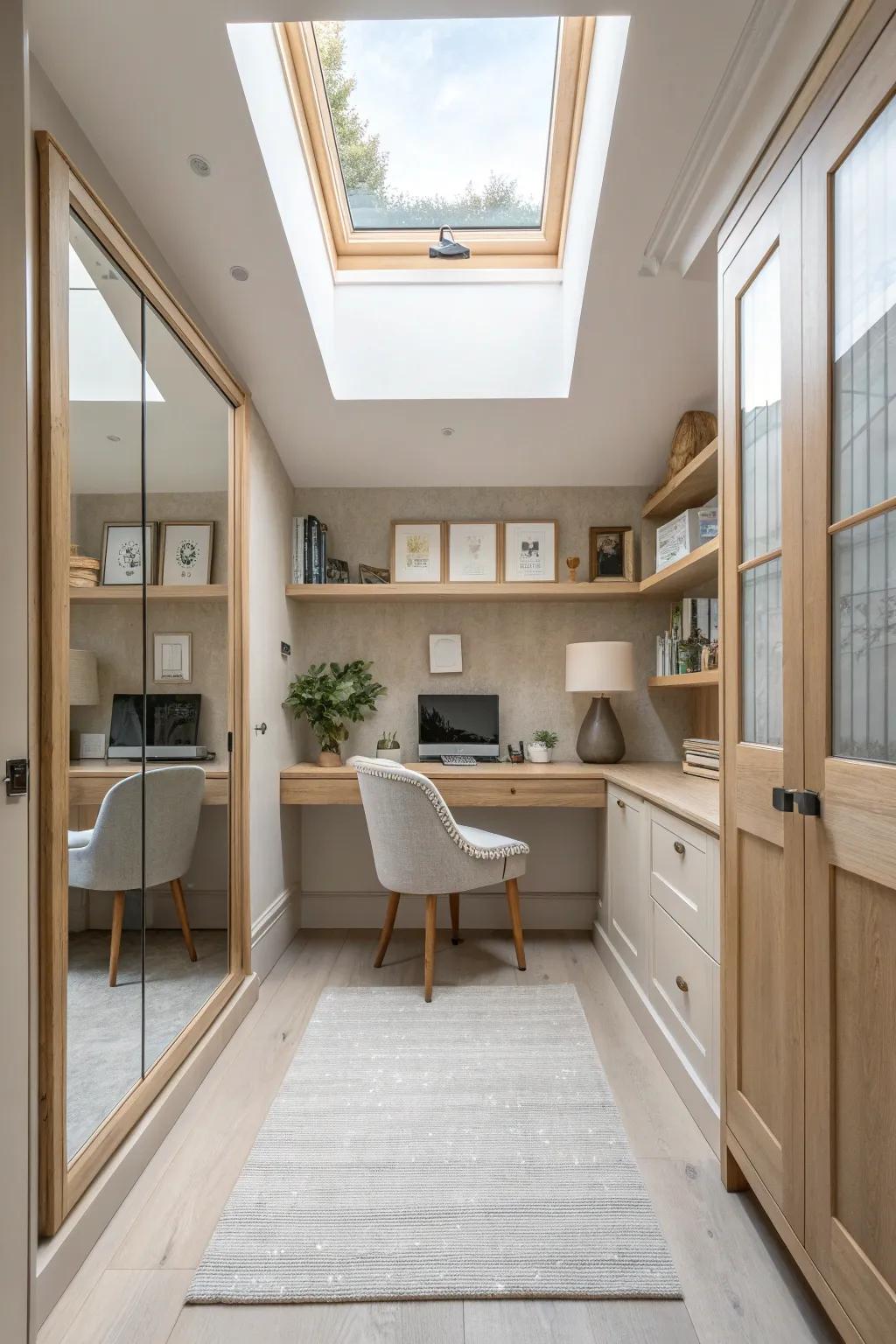 Boost productivity in small offices with a ceiling mirror that expands your workspace.