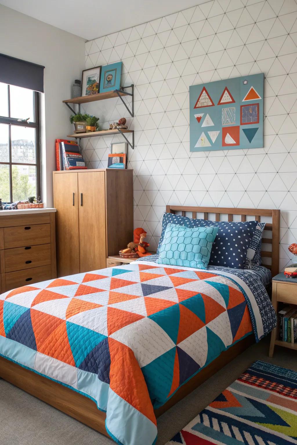 Geometric patterns add a modern twist to any boys' room, offering style and sophistication.