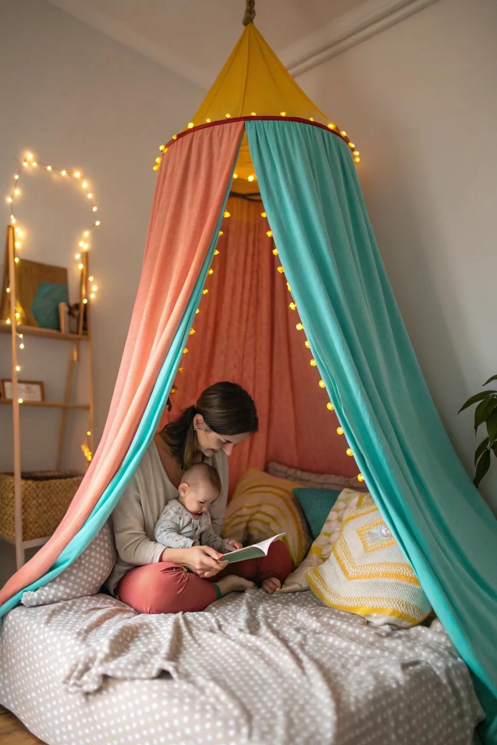 A canopy adds elegance and a sense of privacy, perfect for intimate shared spaces.