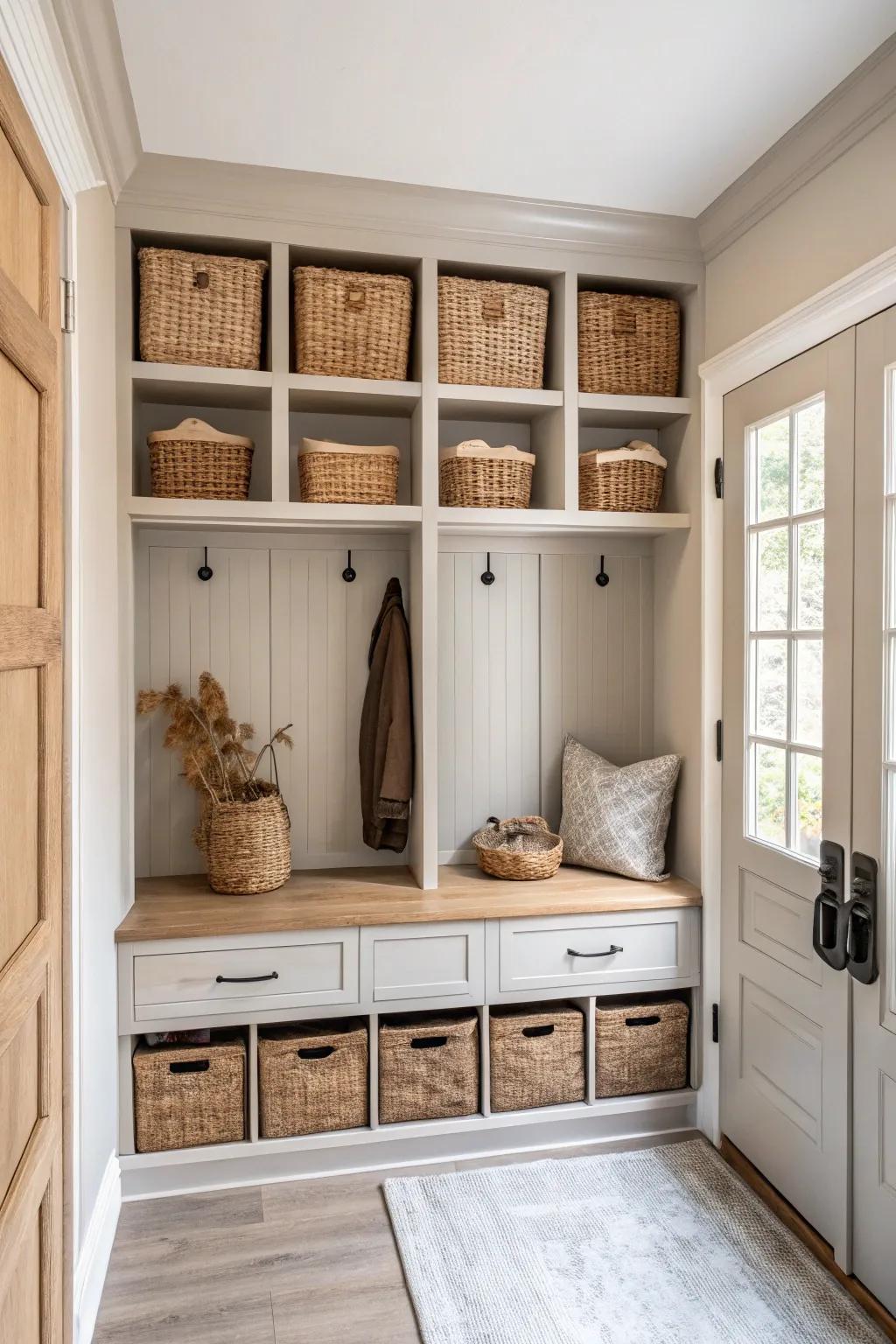 Seasonal storage keeps your mudroom neat and clutter-free all year round.