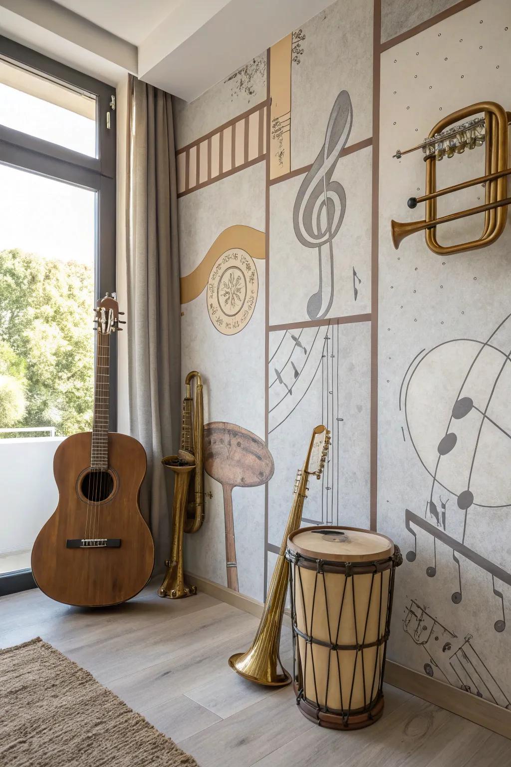 Celebrate the symphony of sounds with an instrumental montage mural that hits all the right notes.