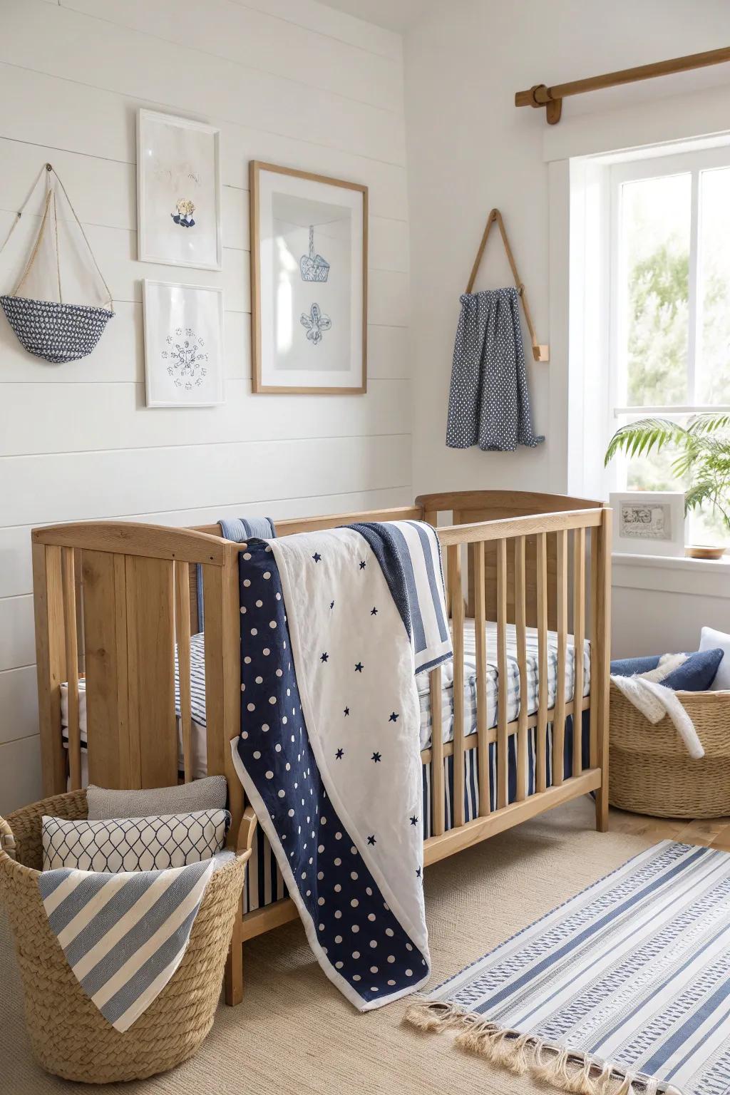 Mixed patterns add visual interest and depth to the navy-themed nursery.