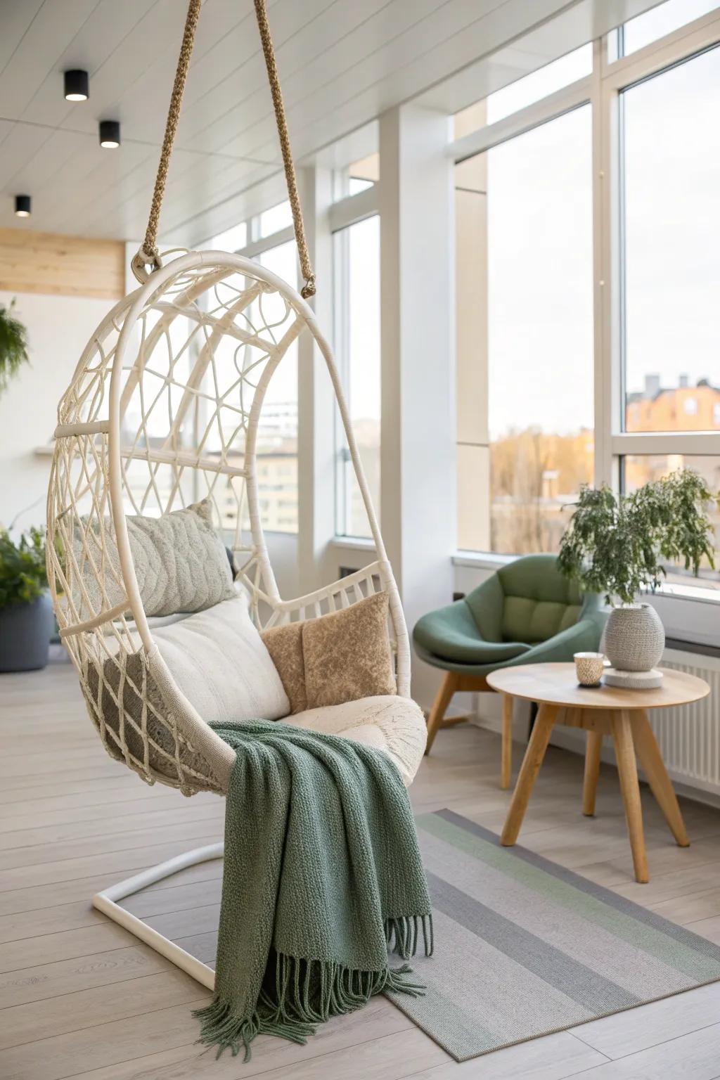 An unexpected hanging chair adds whimsy and interest to this modern office. 🌿 #HangingChair #OfficeDesign #Whimsy