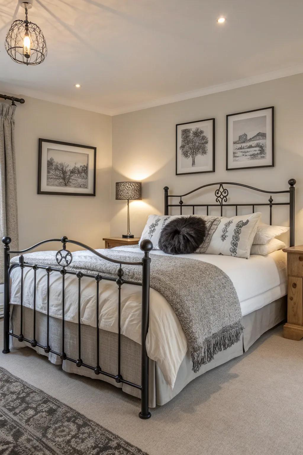 Embrace modern simplicity, where monochrome tones highlight the graceful lines of a wrought iron bed.