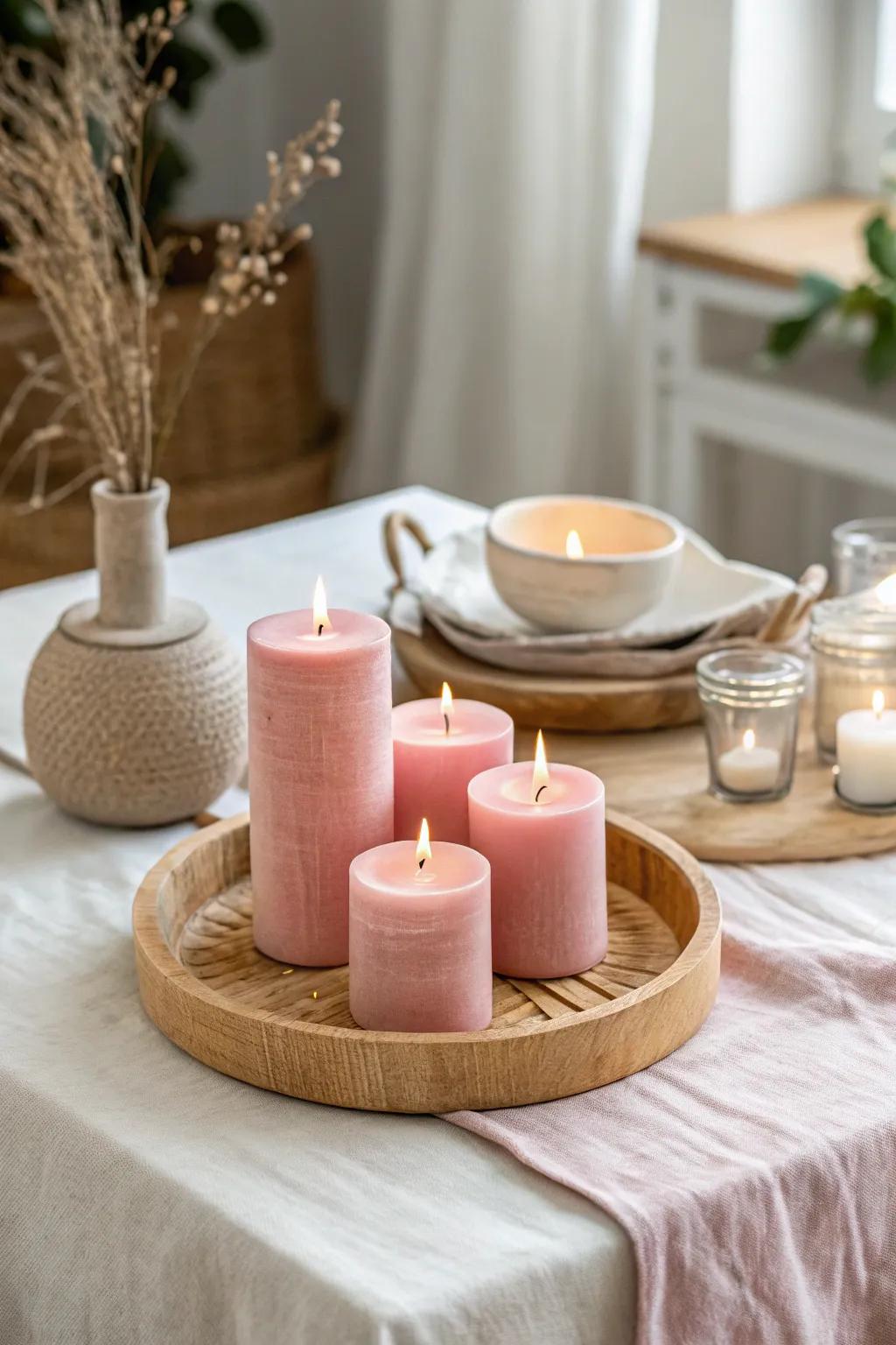Add a cozy glow to your evenings with the warm light of pink candles.