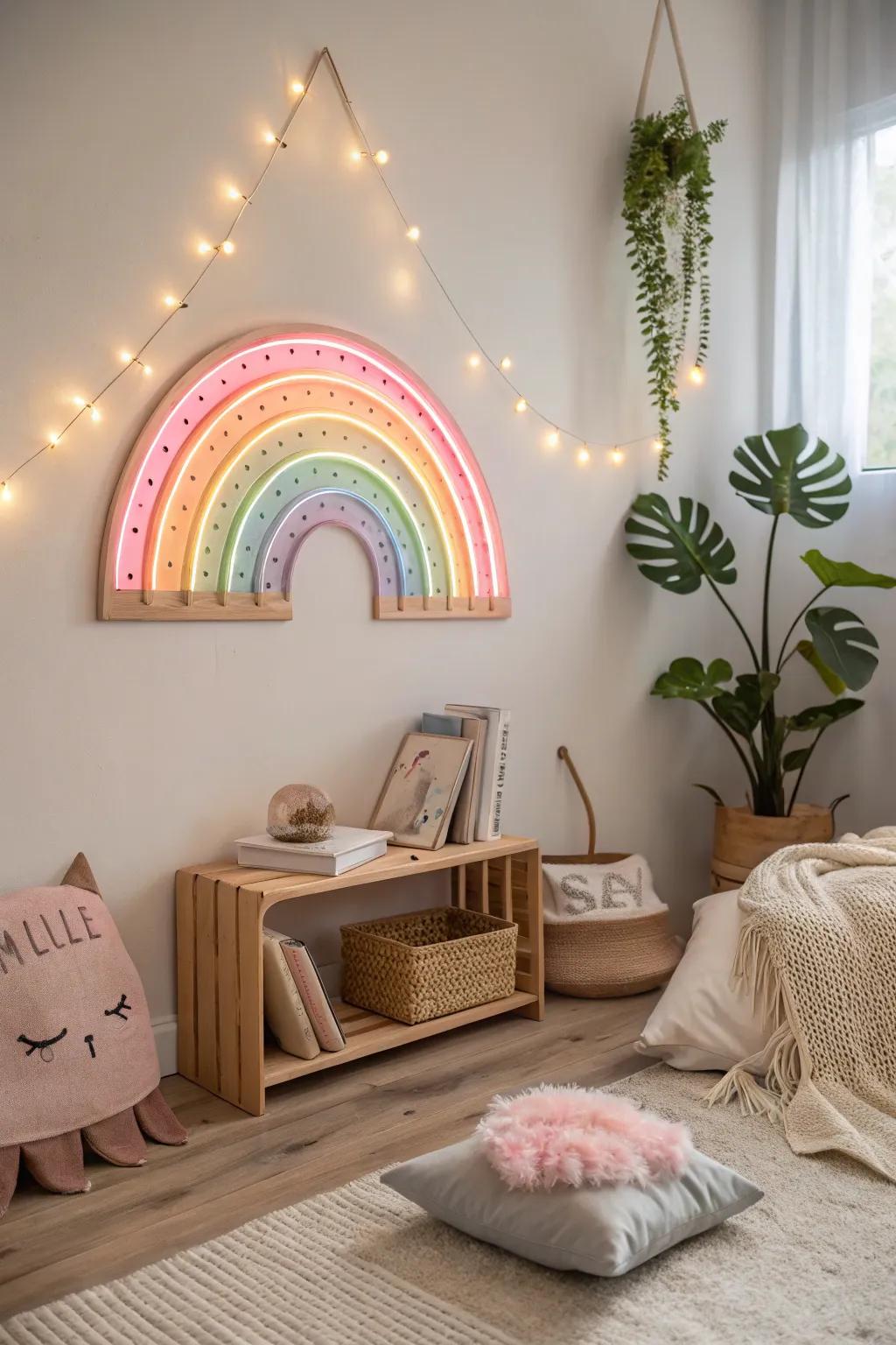 A modern rainbow LED light brings vibrant illumination and a touch of magic to the room.