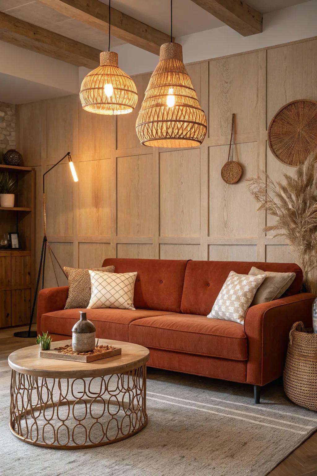 Warm lighting fixtures enhance the cozy ambiance of a rust-themed living room.
