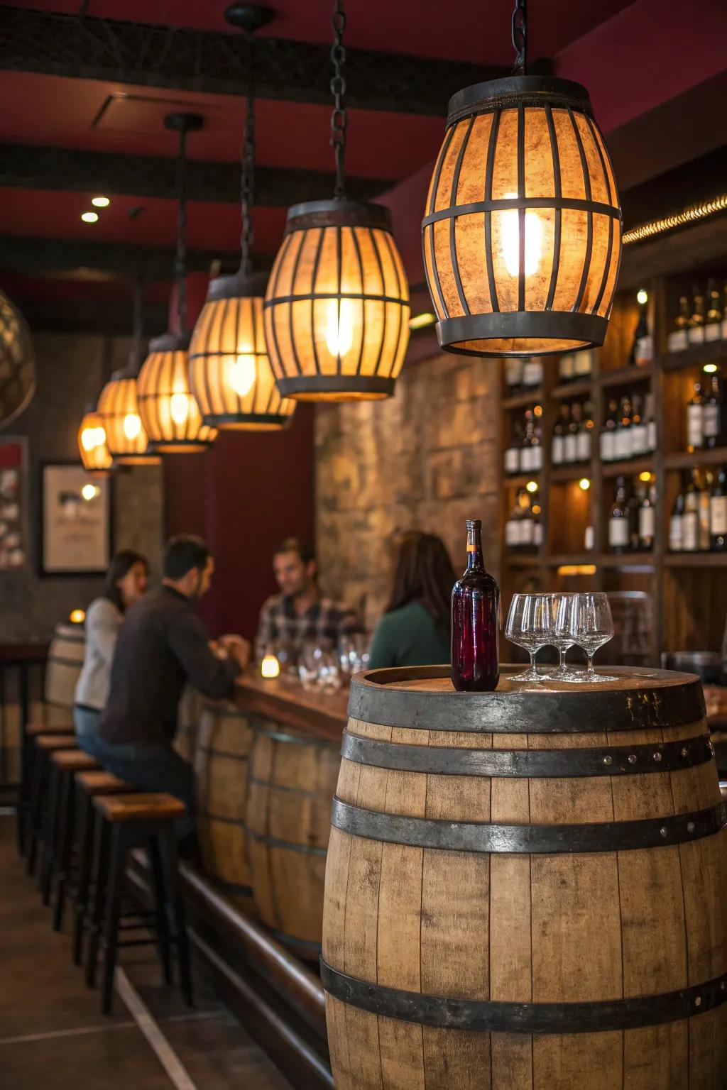 Wine barrel lighting celebrates the romance of vineyards in rustic decor.
