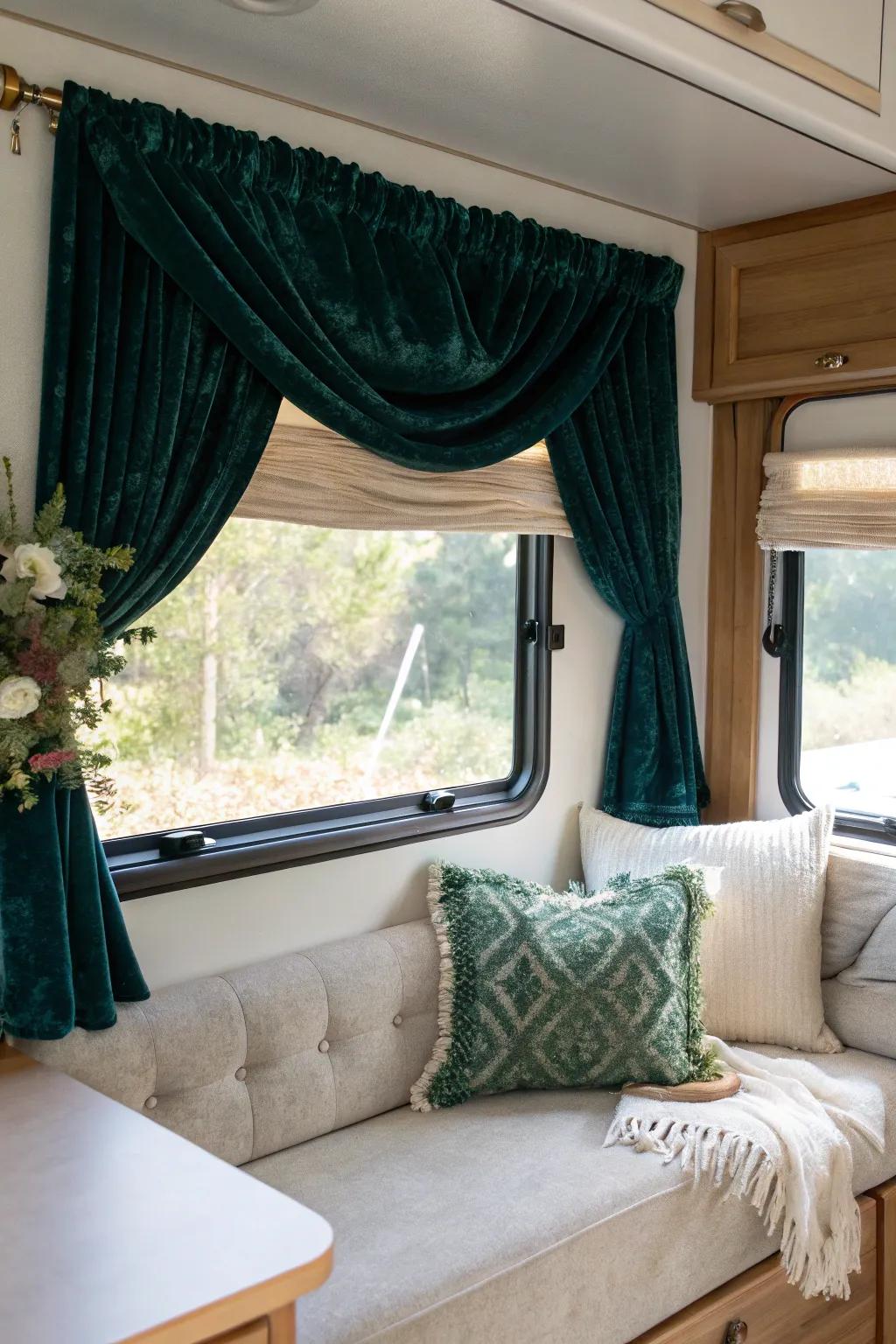 Elevate your RV with the luxurious feel of velvet valances. Perfect for a touch of elegance.