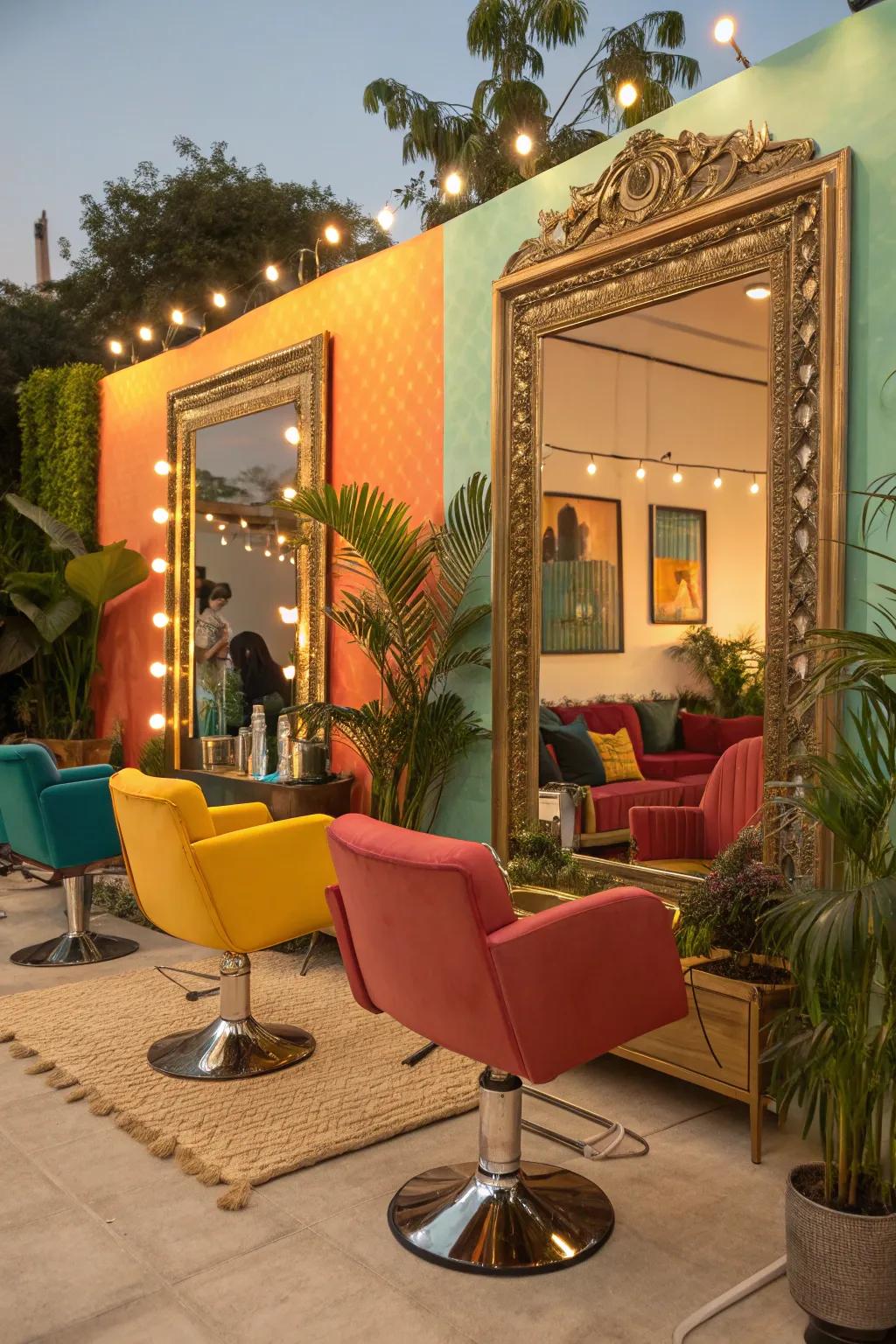 Expand your salon's horizons with strategically placed mirrors that reflect light and style. #MirrorMagic #SalonDesign